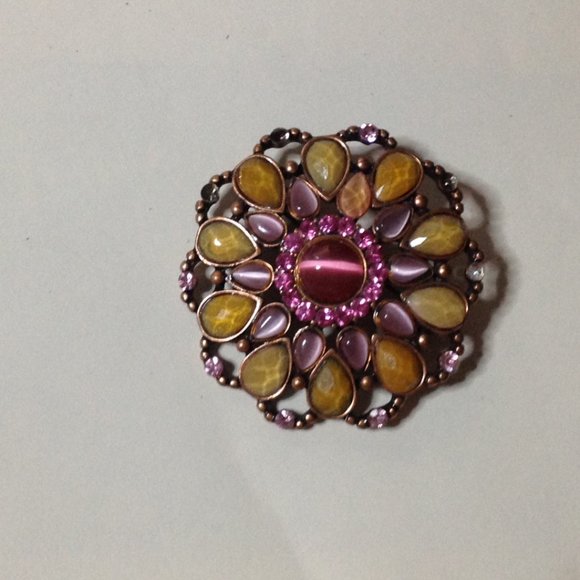 Vintage Large Floral Design Cat’s Eye Gemstone Brooch - Picture 1 of 3